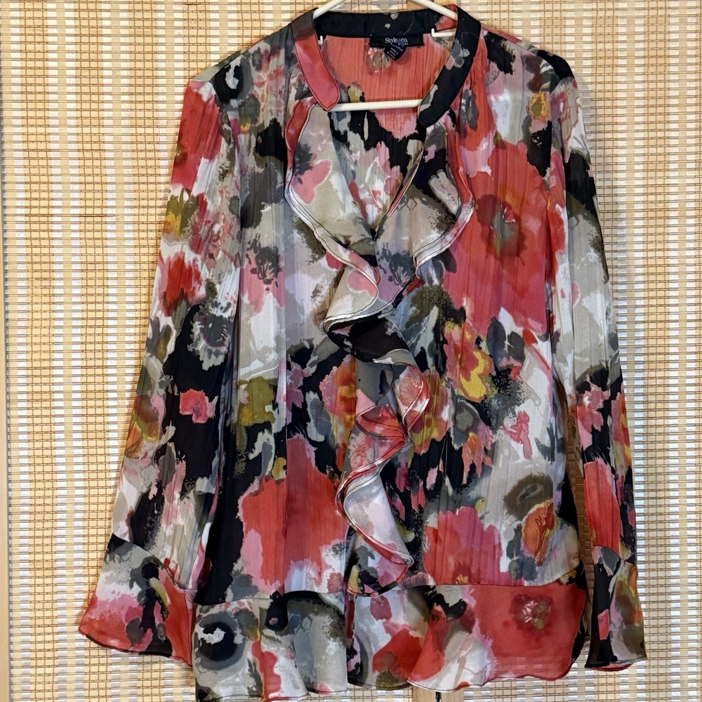 Style & Co Womens 16W Multicolor Ruffle Button Up Lagenlook Fairycore Artsy Boho